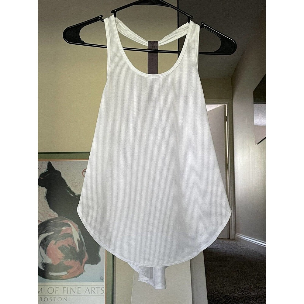 Fabletics Womens XS Racerback Flowy Light Tank Top White Black Logo Strap